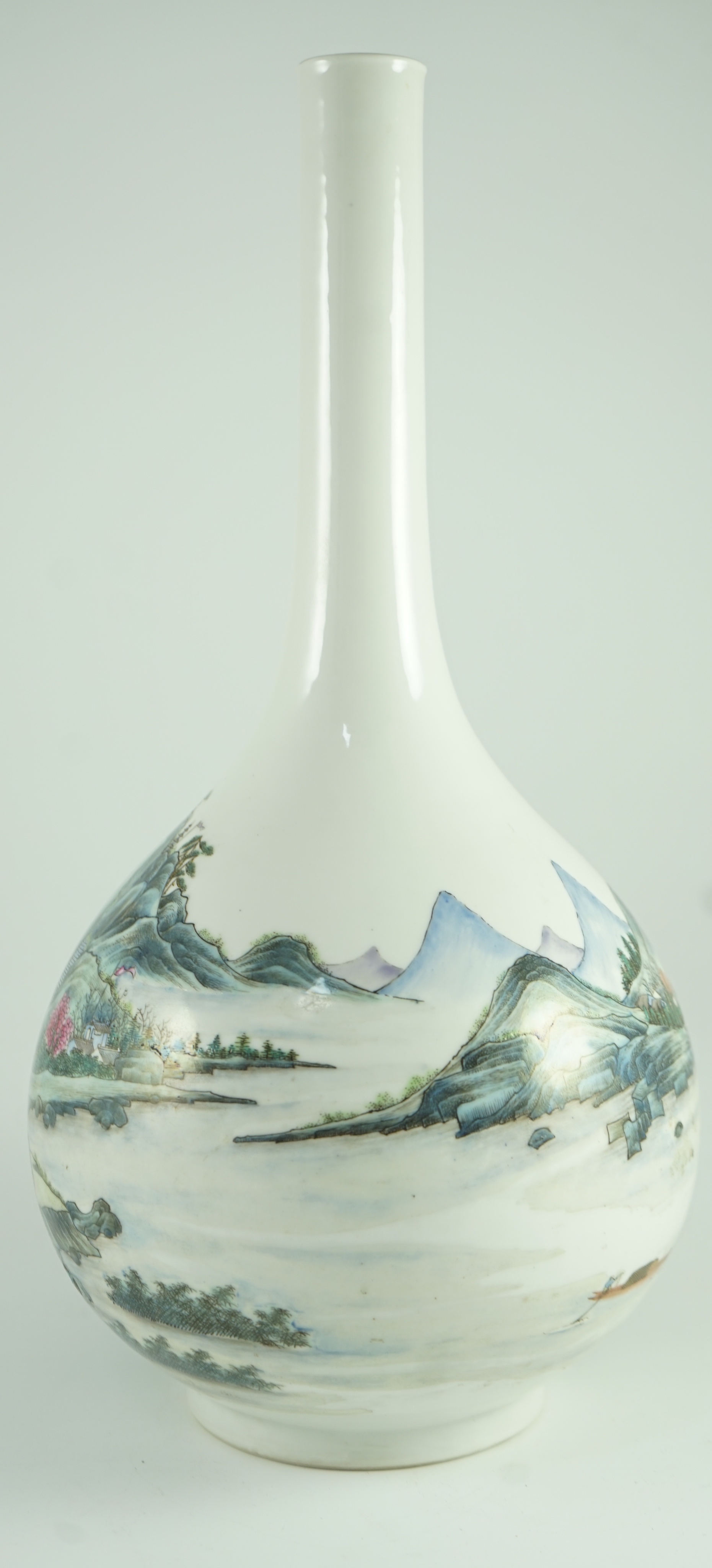 A Chinese enamelled porcelain ‘landscape’ bottle vase, Republic period, 44cm high, hairline crack to neck